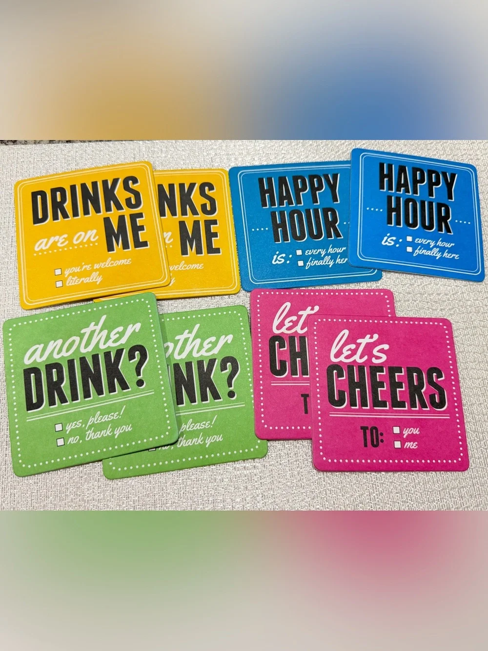 Conversation Coasters ~ Set of 8 Drinking/Party Theme Neon Colors Fun Game NWOT